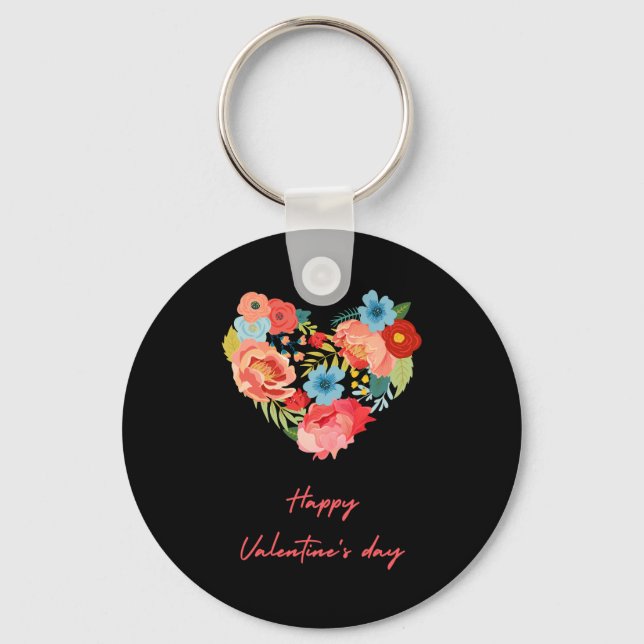 Happy Valentine's Day With Flowers Colourful     Key Ring (Front)
