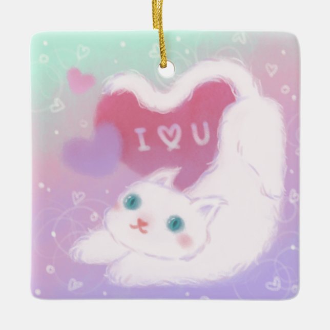 Happy Valentine's Day with Fluffy White Cat Ceramic Ornament (Front)