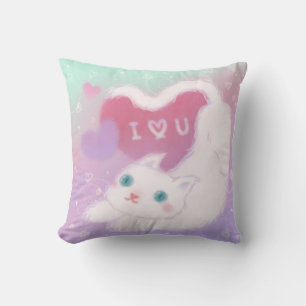 Happy Valentine's Day with Fluffy White Cat Cushion