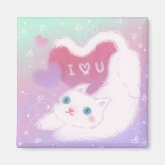 Happy Valentine's Day with Fluffy White Cat Magnet (Front)