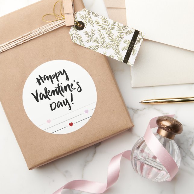 Happy Valentine's Day with Hearts on Lines Classic Round Sticker (Gifting)