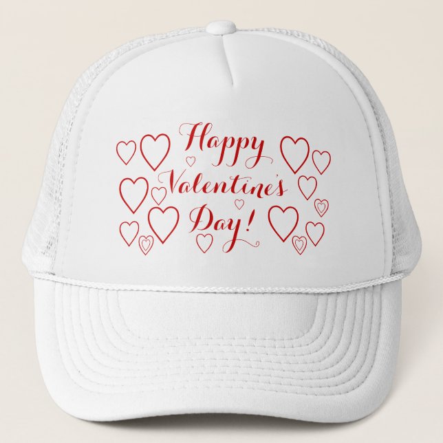 Happy Valentine's Day with Red Hearts Trucker Hat (Front)