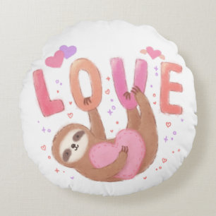 Happy Valentine's Day with Sloth Round Cushion