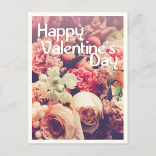 Happy Valentine's Day with Vintage Flower Bouquet Holiday Postcard