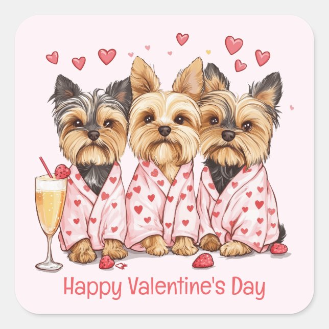 Happy Valentines Day Yorkie Dogs Square Sticker (Front)