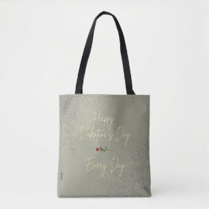 Happy Valentine's Flowers Grey Embossed Red Rose Tote Bag