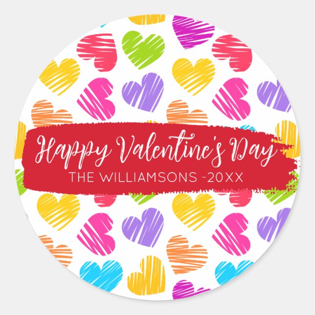 Happy Valentines Girly Vibrant Doodled Hearts Name Classic Round Sticker (Front)