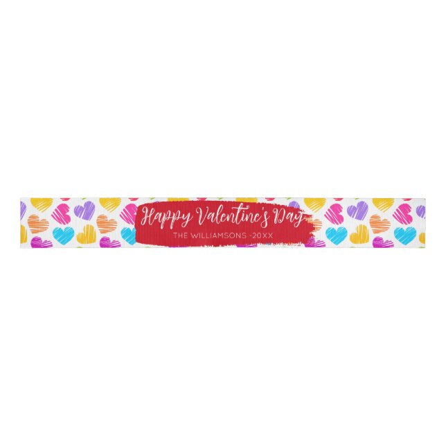Happy Valentines Girly Vibrant Doodled Hearts Name Grosgrain Ribbon (Front)
