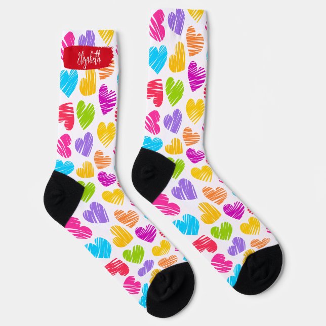 Happy Valentines Girly Vibrant Doodled Hearts Name Socks (Right)