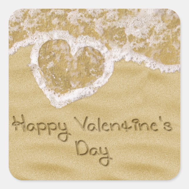"Happy Valentine's" Heart written in Sand Square Sticker (Front)
