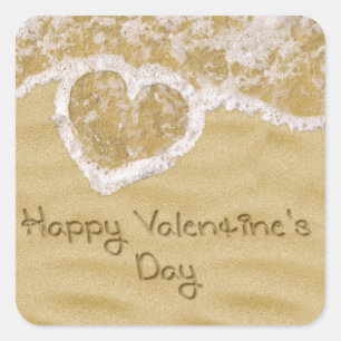 "Happy Valentine's" Heart written in Sand Square Sticker