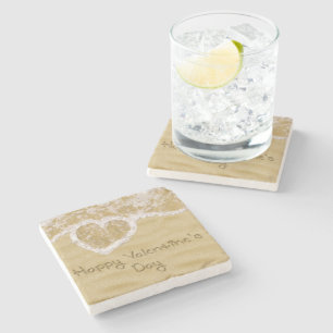 "Happy Valentine's" Heart written in Sand Stone Coaster