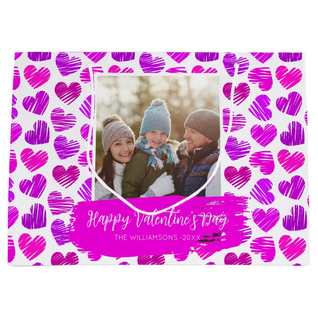 Happy Valentines Modern Purple Pink Heart Photo Large Gift Bag (Front)