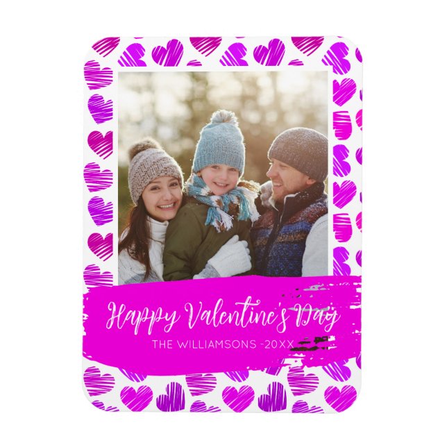 Happy Valentines Modern Purple Pink Heart Photo Magnet (Vertical)