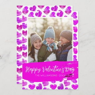 Happy Valentines Modern Purple Pink Hearts Photo Holiday Card