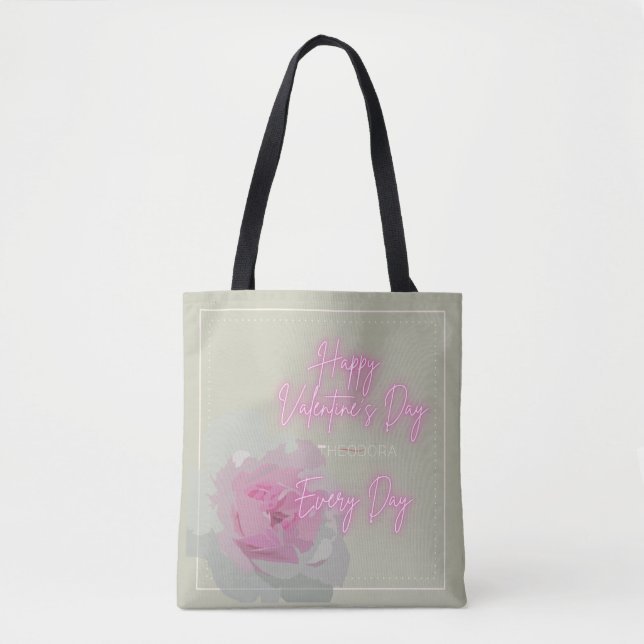 Happy Valentine's Peony Pink Grey Text Neon Pink Tote Bag (Front)