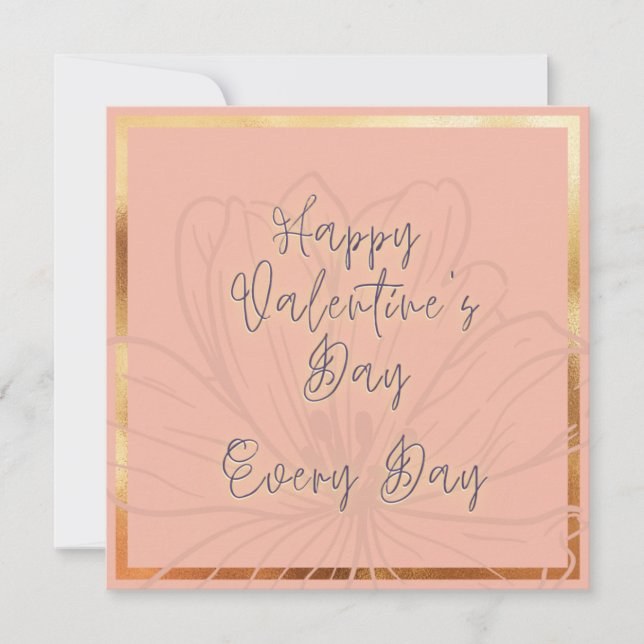 Happy Valentine's Pink Flower Text Gold Emboss Card (Front)