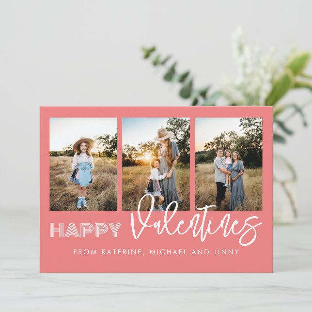 Happy Valentines Pink Photo Collage Family Card (Standing Front)