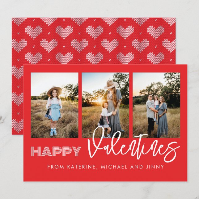 Happy Valentines Red Photo Collage Family Card (Front/Back)