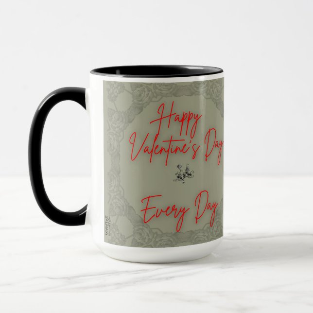 Happy Valentine's Roses Grey Frame Text Red Mug (Left)