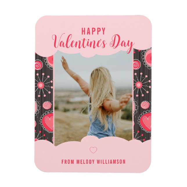Happy Valentines Whimsical red hearts flowers Name Magnet (Vertical)