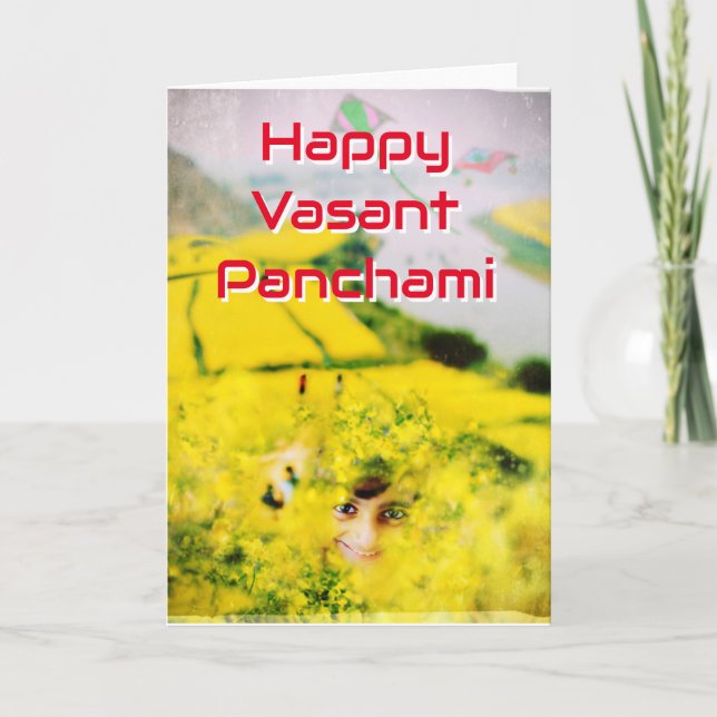 Happy Vasant Panchami with mustard flowers & girl  Card (Front)