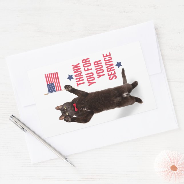 Happy Veterans Day Cat Holding Flag and Saluting Rectangular Sticker (Envelope)