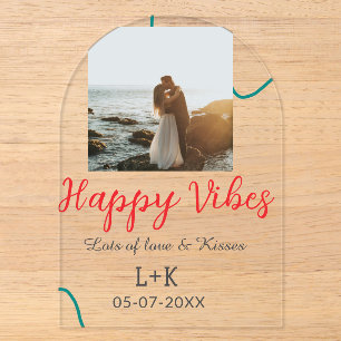 Happy Vibes holiday couple name date wedding red  Acrylic Invitations