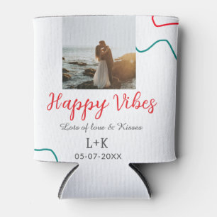 Happy Vibes holiday couple name date wedding red Can Cooler