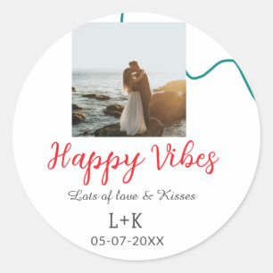 Happy Vibes holiday couple name date wedding red Classic Round Sticker