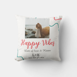 Happy Vibes holiday couple name date wedding red Cushion