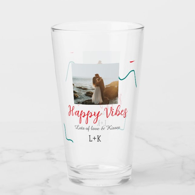 Happy Vibes holiday couple name date wedding red  Glass (Front)