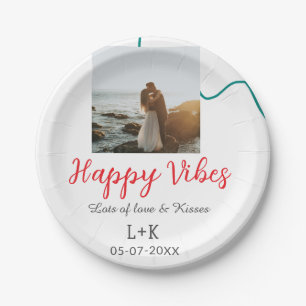 Happy Vibes holiday couple name date wedding red Paper Plate