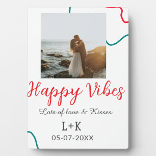 Happy Vibes holiday couple name date wedding red Plaque
