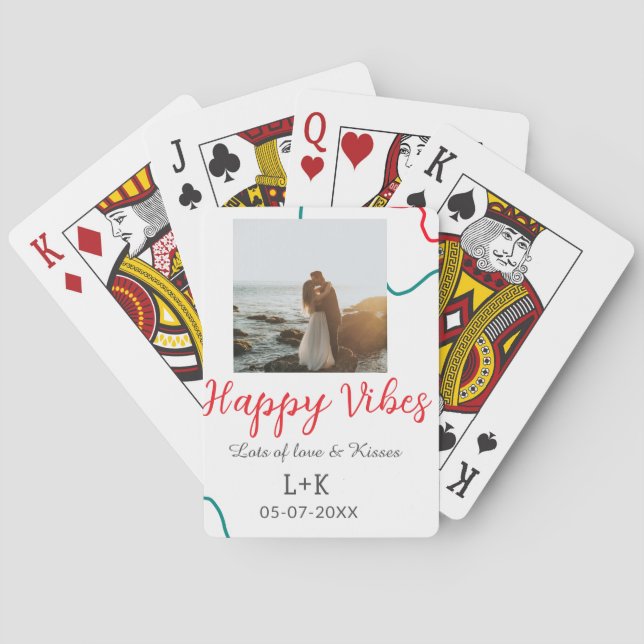 Happy Vibes holiday couple name date wedding red  Playing Cards (Back)