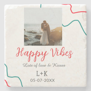 Happy Vibes holiday couple name date wedding red Stone Coaster