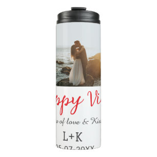 Happy Vibes holiday couple name date wedding red Thermal Tumbler