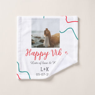 Happy Vibes holiday couple name date wedding red  Wash Cloth