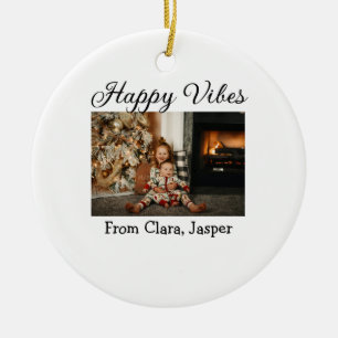 Happy vibes kids family Christmas photo Invitation Ceramic Tree Decoration