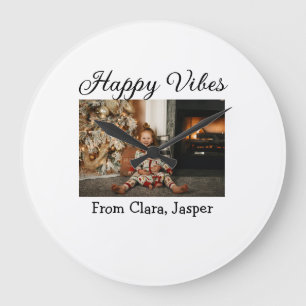 Happy vibes kids family Christmas photo Invitation Large Clock