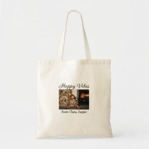 Happy vibes kids family Christmas photo Invitation Tote Bag
