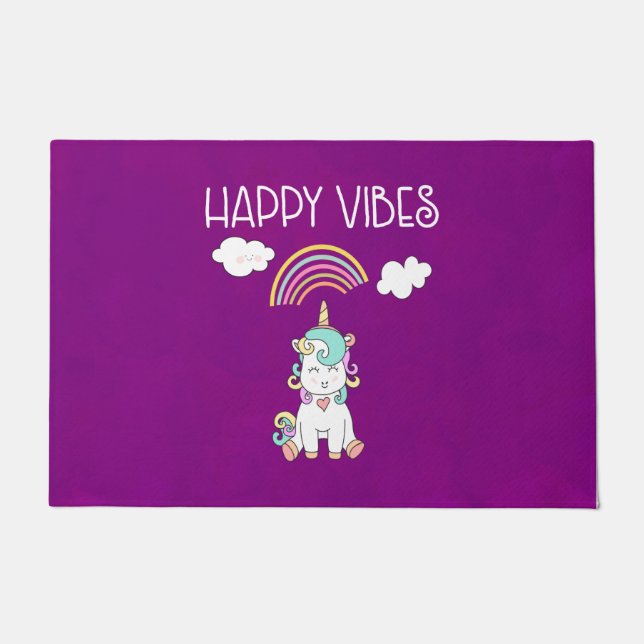 Happy Vibes Typography Awesome Rainbow & Unicorn Doormat (Front)