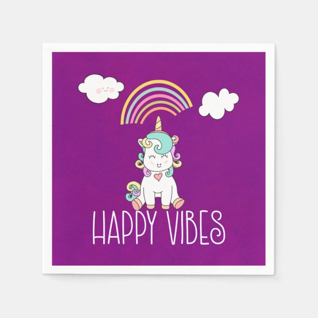 Happy Vibes Typography Awesome Rainbow & Unicorn Napkin (Front)
