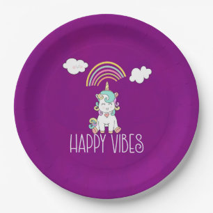 Happy Vibes Typography Awesome Rainbow & Unicorn Paper Plate