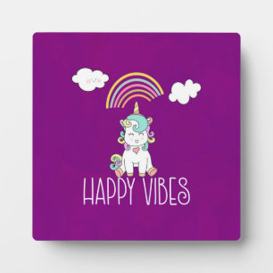 Happy Vibes Typography Awesome Rainbow & Unicorn Plaque