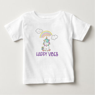 Happy Vibes Typography Cute Smiling Unicorn Baby T-Shirt
