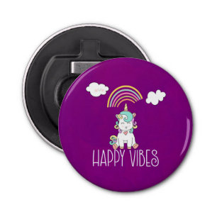 Happy Vibes Typography Cute Smiling Unicorn Bottle Opener