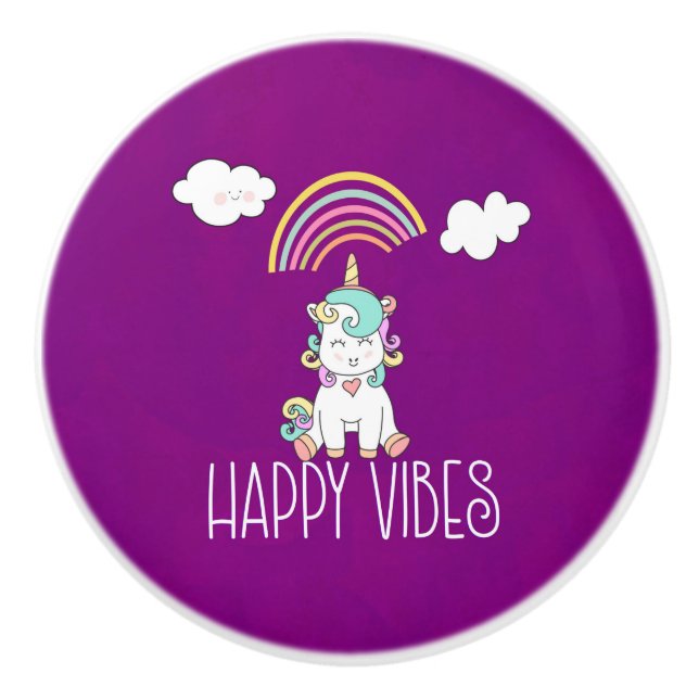 Happy Vibes Typography Cute Smiling Unicorn Ceramic Knob (Front)