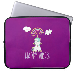Happy Vibes Typography Cute Smiling Unicorn Laptop Sleeve