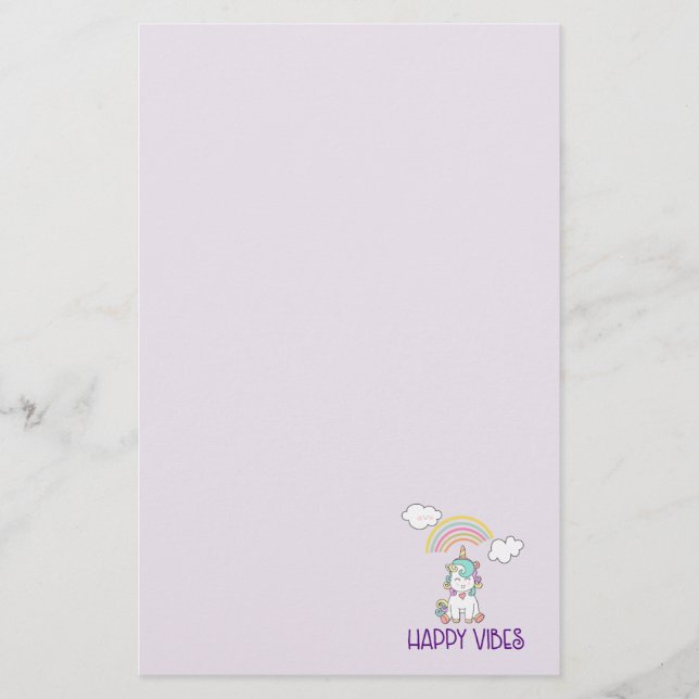 Happy Vibes Typography Cute Smiling Unicorn Stationery (Front)